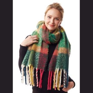 Cozy & Soft Plaid Brushed Scarf in Olive Green Multicolored